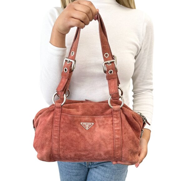 PRADA Vintage Logo Shoulder Bag Tote Red Brown Silver Handbag Suede Zip [105155] - Picture 2 of 13